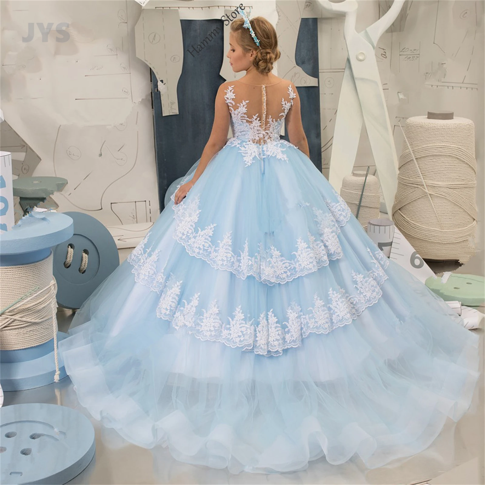 Kids Birthday Party Dresses New Light Blue First Holy Communion Gown White Lace Ball Gown Flower Girl Dresses