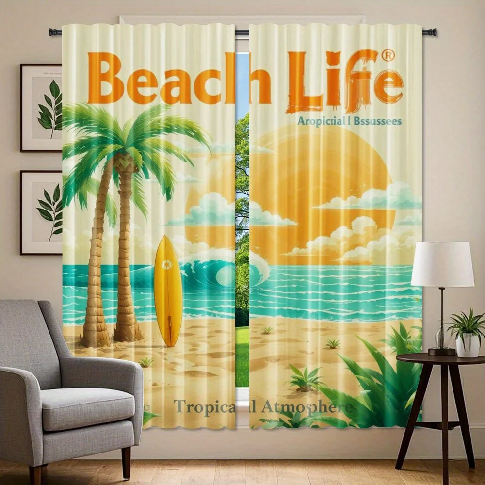 Retro Beach Life Curtains Vintage Surfboard Palm Tree Print Drapes for Living Room, Tropical Ocean Sunset Window Treatment Decor