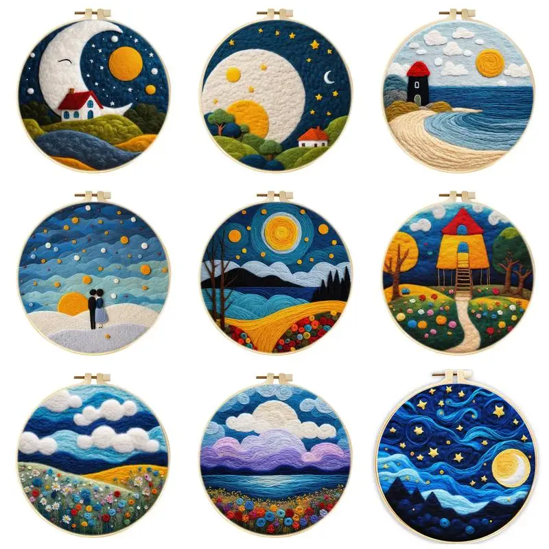 RUOPOTY 1 Pack Starry Sky Pattern Needle Felt Starter Set Wool Felting Painting For Adults Beginners Kits Wool Needle Felt Set