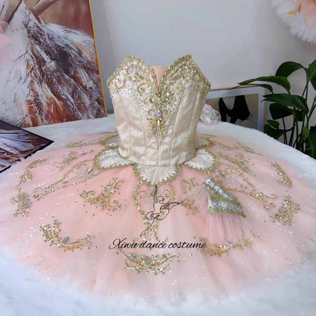 Costume de danse tutu de ballet rose et blanc avec broderie dorée