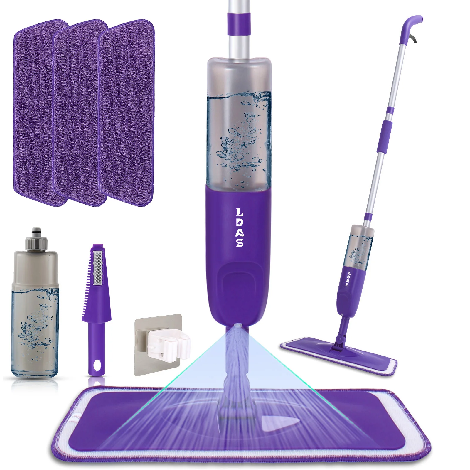 Mop w sprayu DARIS, butelka 500 ml, 3 nakładki z mikrofibry, skrobak, klips do mopa, do użytku na mokro i na sucho, mop do czyszczenia płaskich podłóg