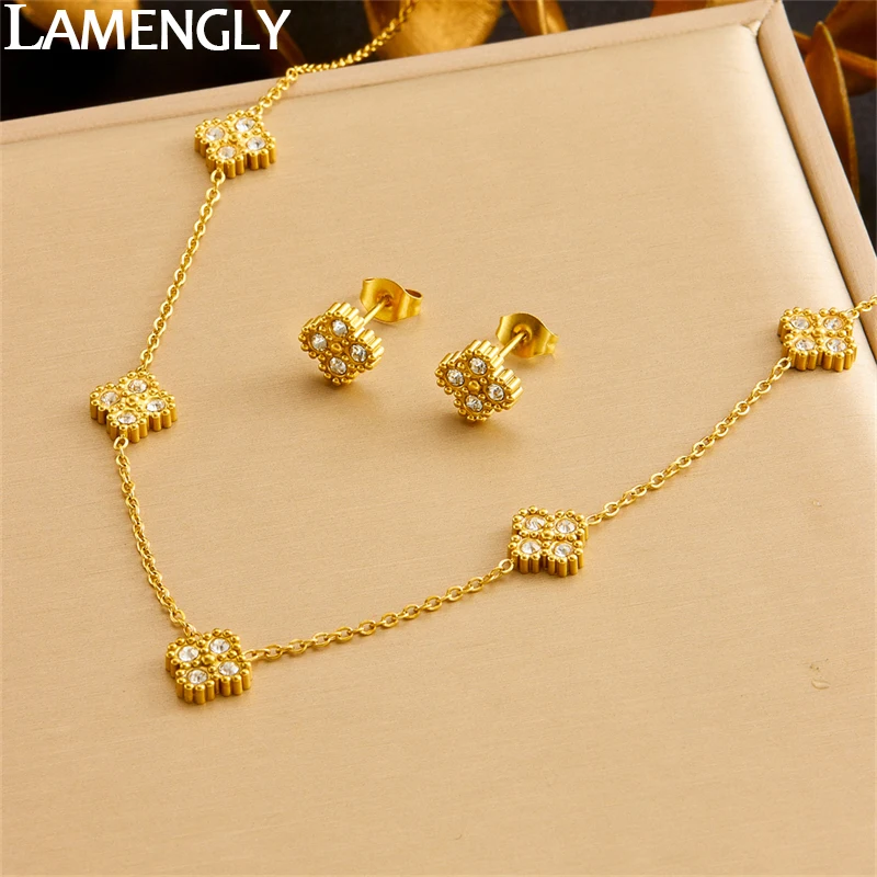 LAMENGLY 316L Stainless Steel Novel Zircon Cylinder 4-Leaf Flower Necklace Earrings For Women Girl Trendy Jewelry Set Gifts