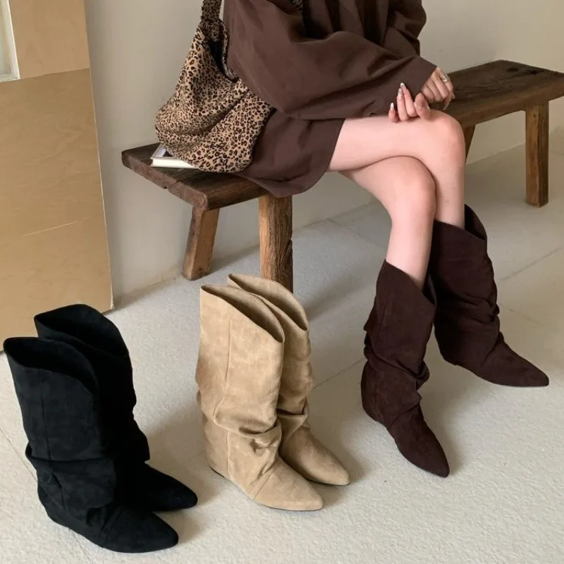 

Winter Fashion Pleated Woman Knee-High Boots Pointed Toe Internal Elevation Shoes Street Style Mordern Long Botas Mujer