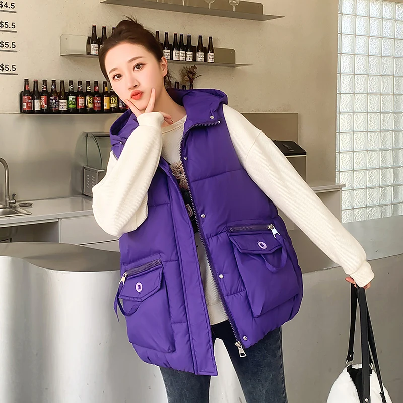 Zipper Loose Casual Warm Cotton Jacket Autumn Winter Women's Vest Hooded Solid Color Sleeveless Pocket Coat for Ladies
