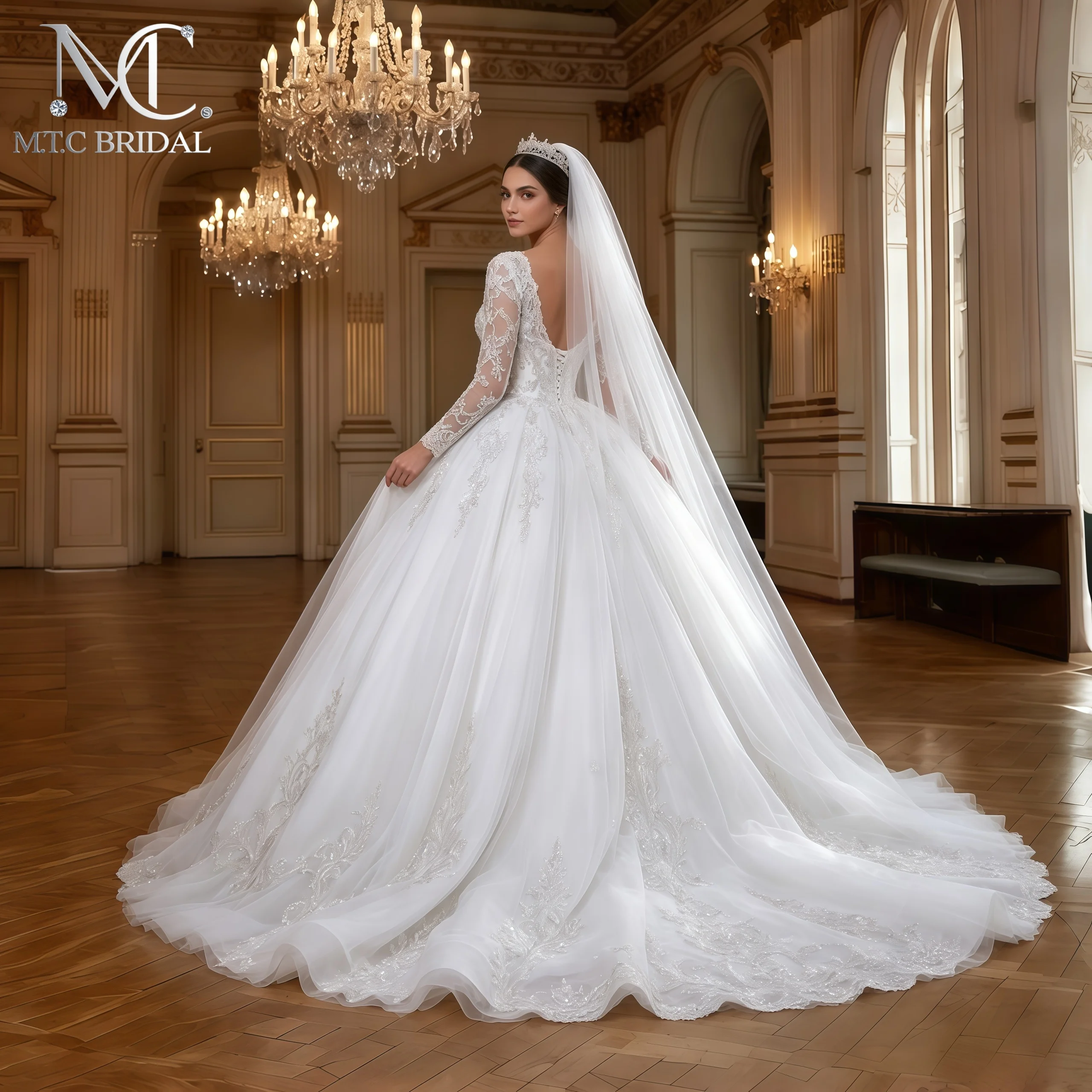 Gorgeous Long Sleeves Princess Wedding Dress With Train Stunning Lace Appliques Tulle Wedding Bride Gowns Vestido De Noiva