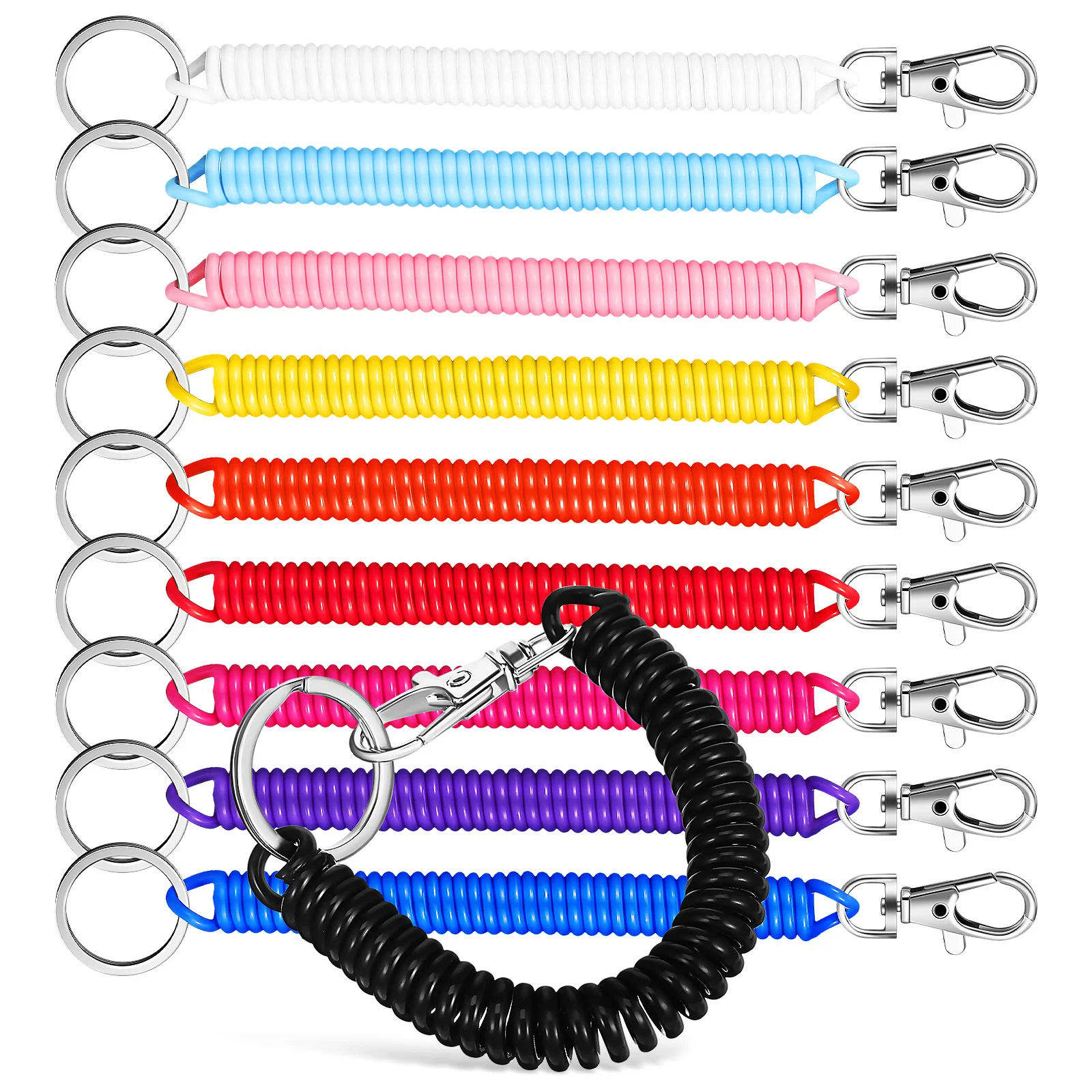 10 Pcs Key Chain Wrist Coil Keychain Stretchy Spring Lanyard Wristband Plastic Man Black Badge Reel