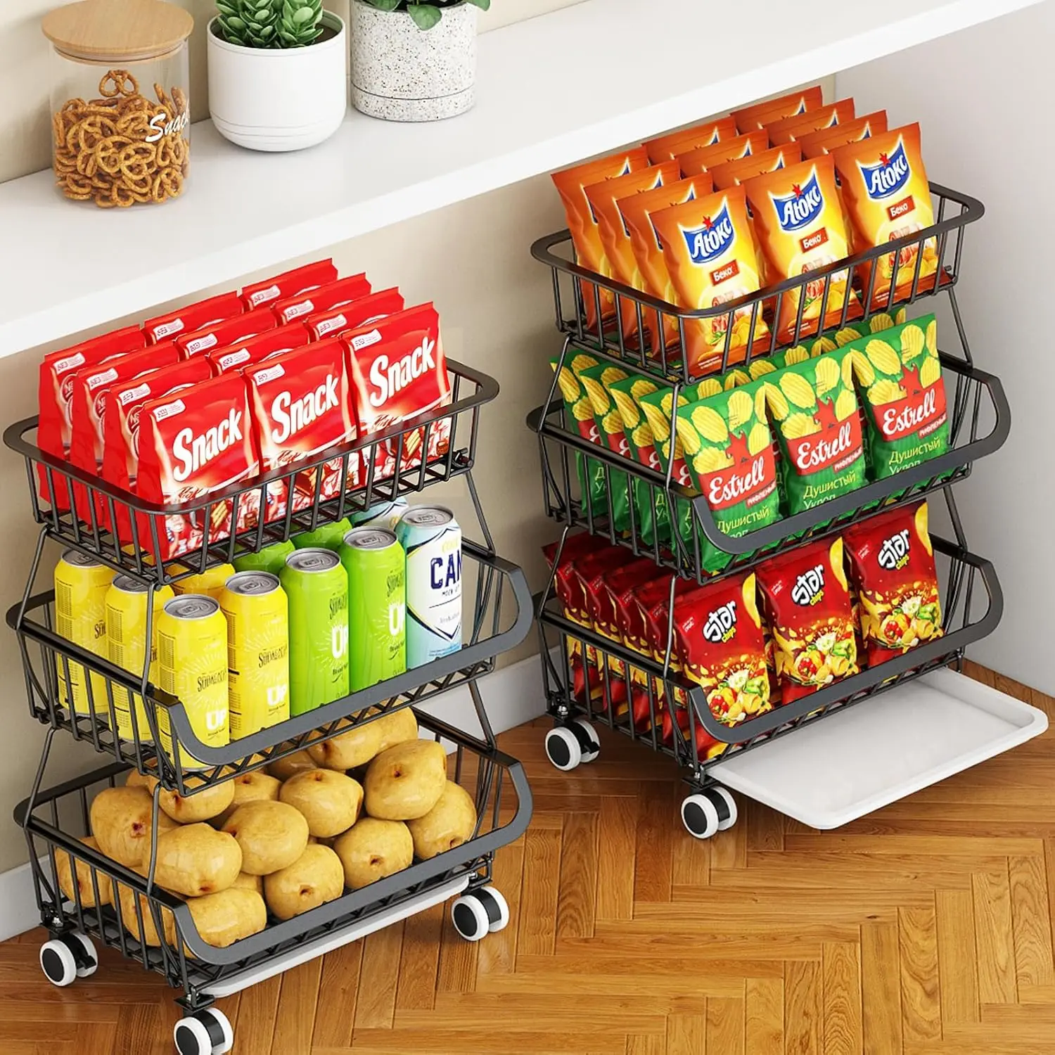 

3-Tier Rolling Pantry Cart with Wheels, Stackable Wire Storage Floor Organizer for Kitchen Pantry Snack Shelves, Fruit Basket