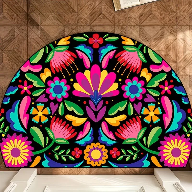 Vibrant Flower Semicircular Welcome Mat Aesthetic Half Moon Entrance Rug Non-Slip Washable Floor Carpet for Front Door  Decor