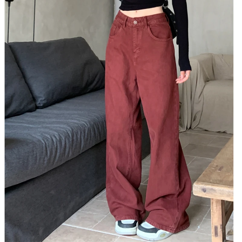 

Vintage Spring Fall Women Wide Leg Wine Red High Waisted Denim Trousers , 2025 New Woman Autumn Casual Jeans Pants