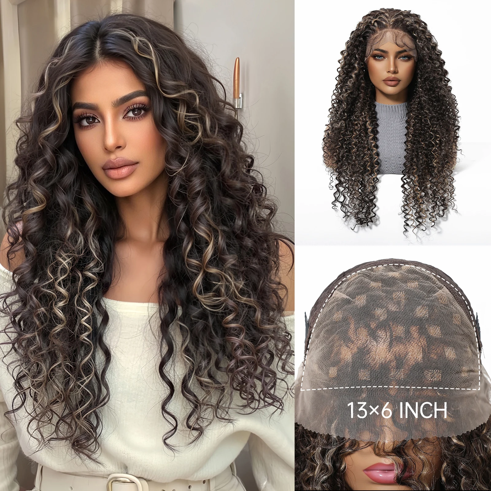HAIRCUBE Brown with Blonde Highlights Curly Lace Front Wig 13x6 Deep Part Lace Cap Heat Resistant Fiber Wig Cosplay Daily Party