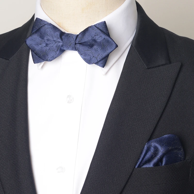 High Quality Deep Blue Paisley Pointed Bow Tie + Handkerchief Men's Gift Wedding Banquet Shirt Accessories 100% Silk Bow Tie