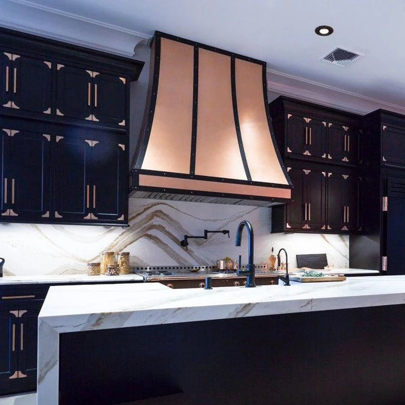 Industry Style Luxury Custom Copper Kitchen Rangd Hood Designer Vent Hood with ORB  Bell Straps and Rivets Accents
