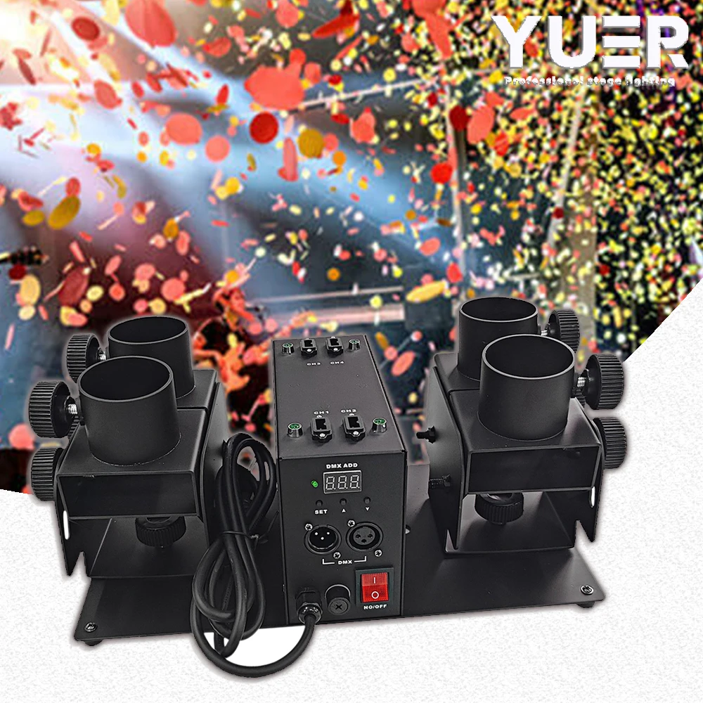 

YUER 4-головная электронная машина для конфетти, пусковая установка для конфетти DMX 512 для DJ, диско-клуба, вечеринки, праздника, концерта, свадебного шоу, сцены