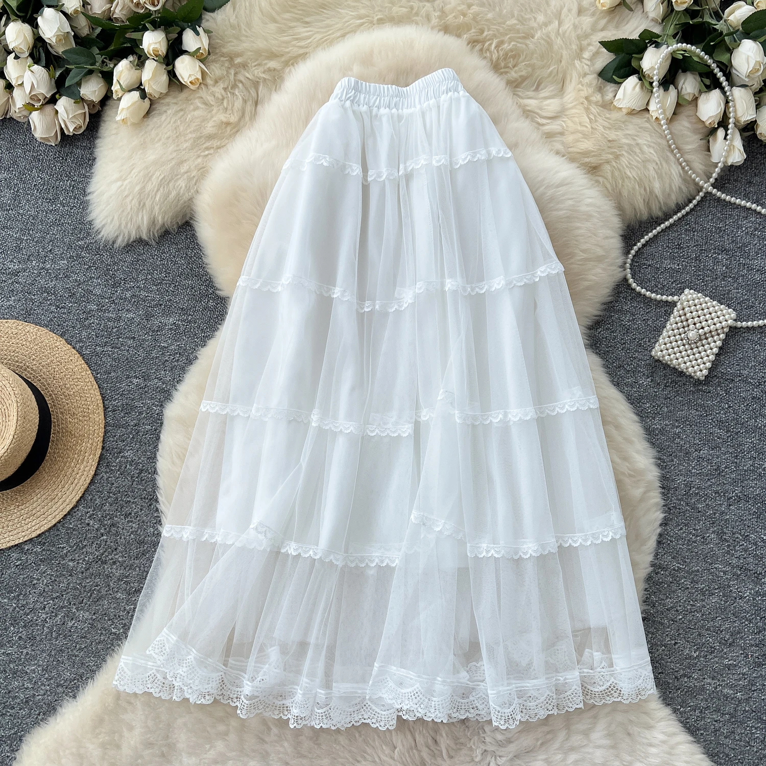 

Women Chic sweet lace mesh Spliced High Waist Fashion Vintage Wrap fairycore korean fashion skirt Spring Summer Clothing