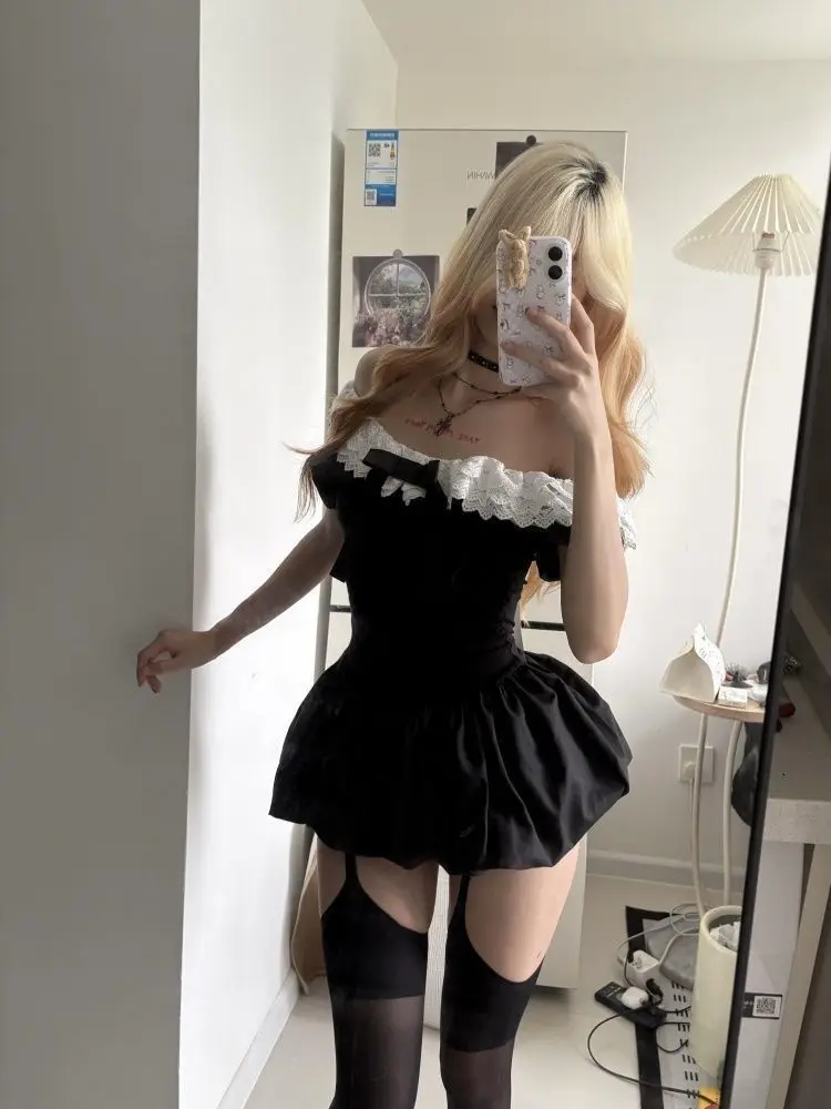 Coquette Korean Sexy Off Shoulder Lace Trim Bow Slim Fit 2 Piece Set Women Black Mini Bubble Dress Shorts Daily Wear Clubwear view 2