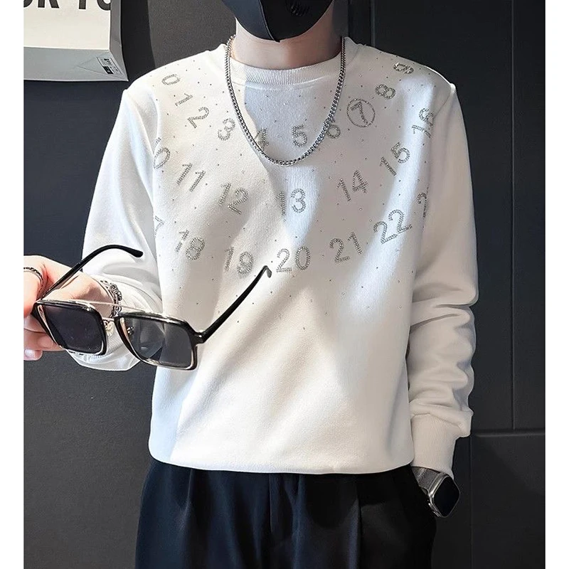 Fashion O-Neck Casual Digital Diamonds T-Shirts Men\'s Clothing Spring New Loose Long Sleeve All-match Tops Korean Tee Shirt