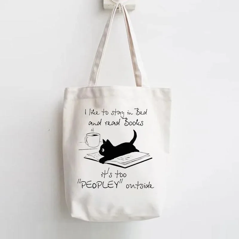 Funny Cat Print Canvas Tote Bag Cute Black Cat Pattern Large Capacity Shoulder Bag for Daily Shopping Commute School