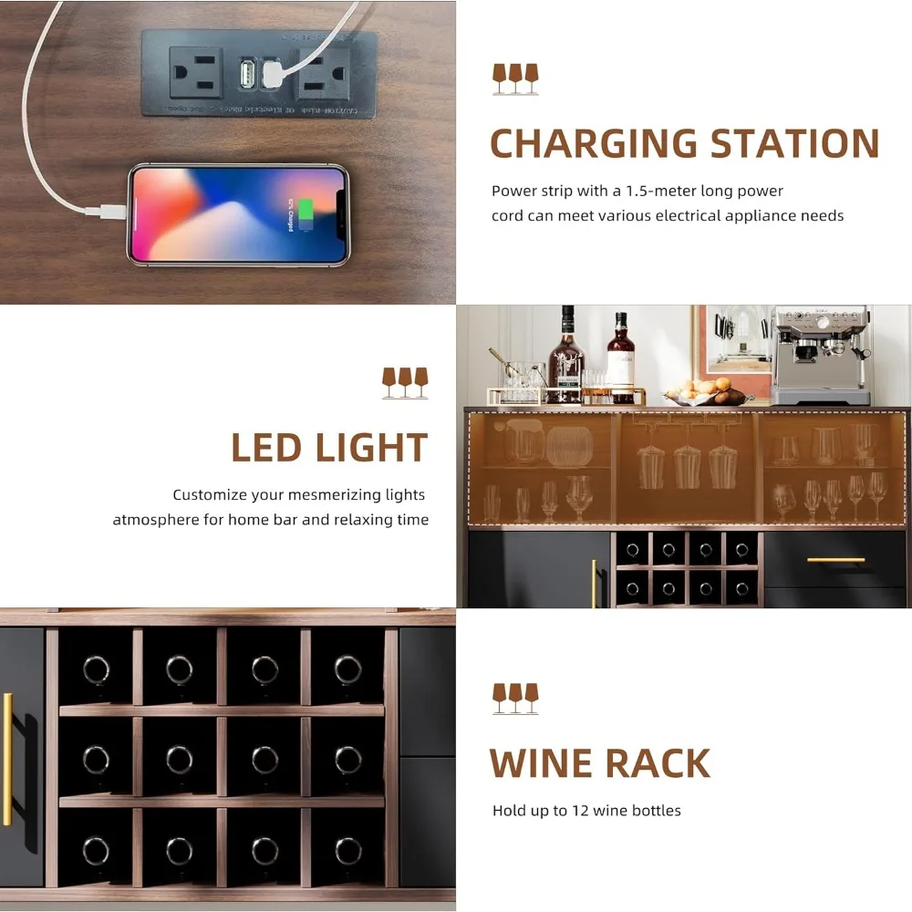 Armoire de bar moderne avec station de charge à lumière LED, brochure de 47 pouces, table de planche, café et rangement pour bar à domicile