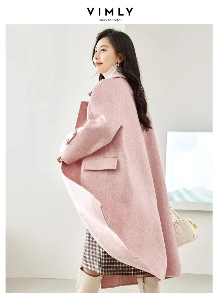 Vimly Double Faced Wool Long Pink Coats for Women 2023 Winter Notched Light Warm Woolen Overcoat Female Jacket Clothing 50687