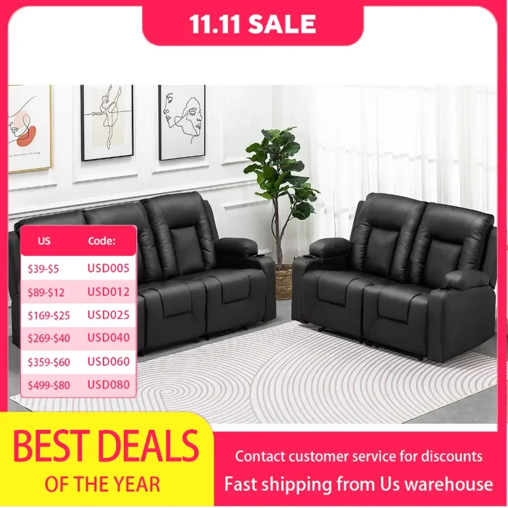 

Recline Chair Set，Furniture 2PC Bonded Leather Recliner Set Living Room Set, Sofa, Loveseat（Black,Living Room Set3+2