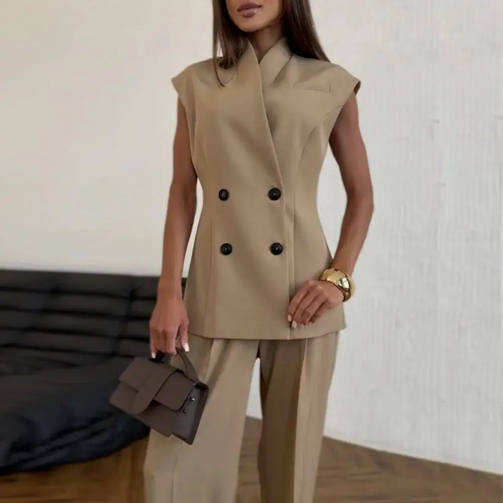 

Elegant Double Breasted Blazer Coat & Long Pants Set Women Fashion Solid Straight Outfits Spring Fall Sleeveless Vest 2pcs Suits