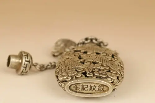 old tibetan silver hand carved hollow out fish lotus statue snuff bottle pendant