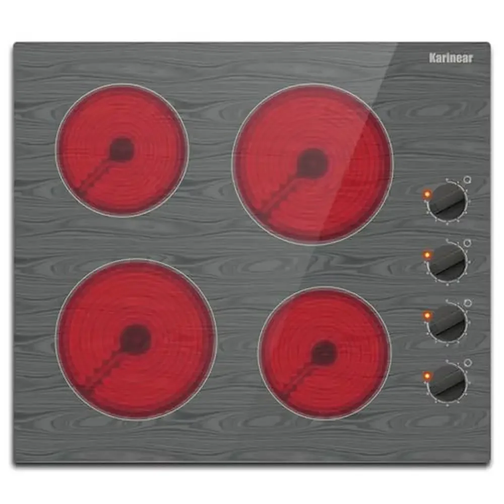 24 Inch 4 Burners Built-in Electric Glass Cooktop Wood Patterns 9 Heating Power Settings Knob  Indicator  Stove Top