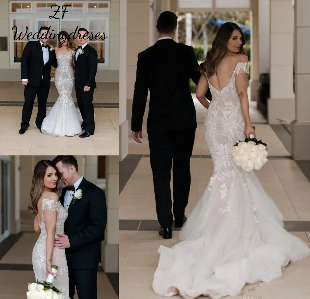 Customized Elegant Mermaid Off Shoulder Chiffon Applique Wedding Dress Backless Tight Fitting Long Garden Bridal Dress Plus Size view 4