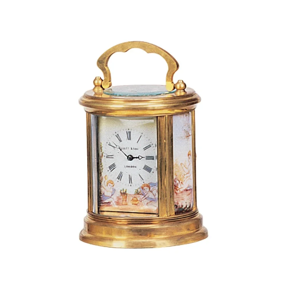 

YYHC-Miniature French Style Round Gilt Brass Cased Enamel Artist Porcelain Dial Winding up by Key Carriage Travel Clock/Watch