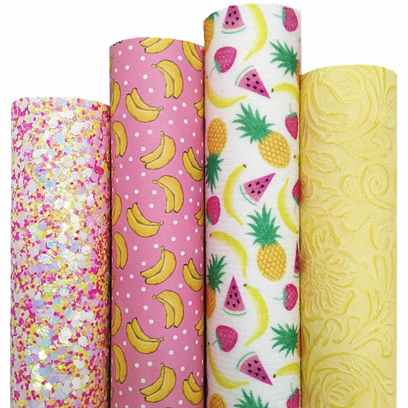 Vintage Flowers Embossed Faux Leather Bananas Pineapples Printed Synthetic Leather Summer Glitter For Bows DIY 21x29CM Q1202