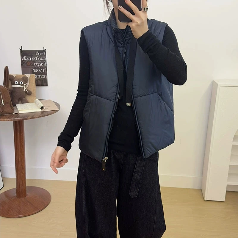 Schinteon Gilet da donna in piumino d'anatra bianco Colletto alla coreana Giacca senza maniche casual Semplice tinta unita Alla moda Autunno Inverno Top Nuovo