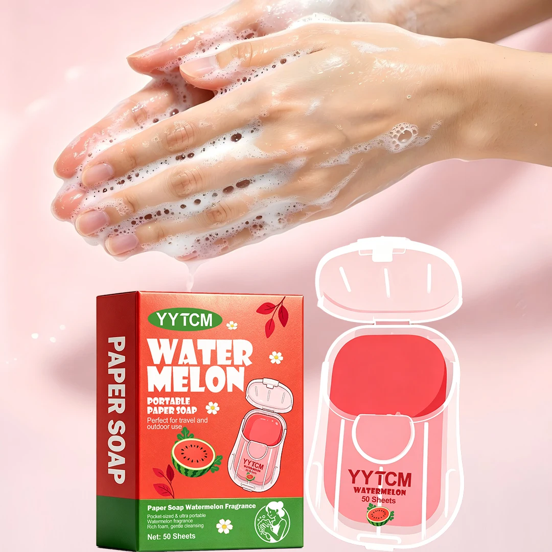 Yytcm Watermelon Fragrance Portable Soap Sheets 50 Pieces Disposable Hand Washing Paper Soap for Outdoor Camping and Business Trips Mini Cleaning Soap Paper Boxed