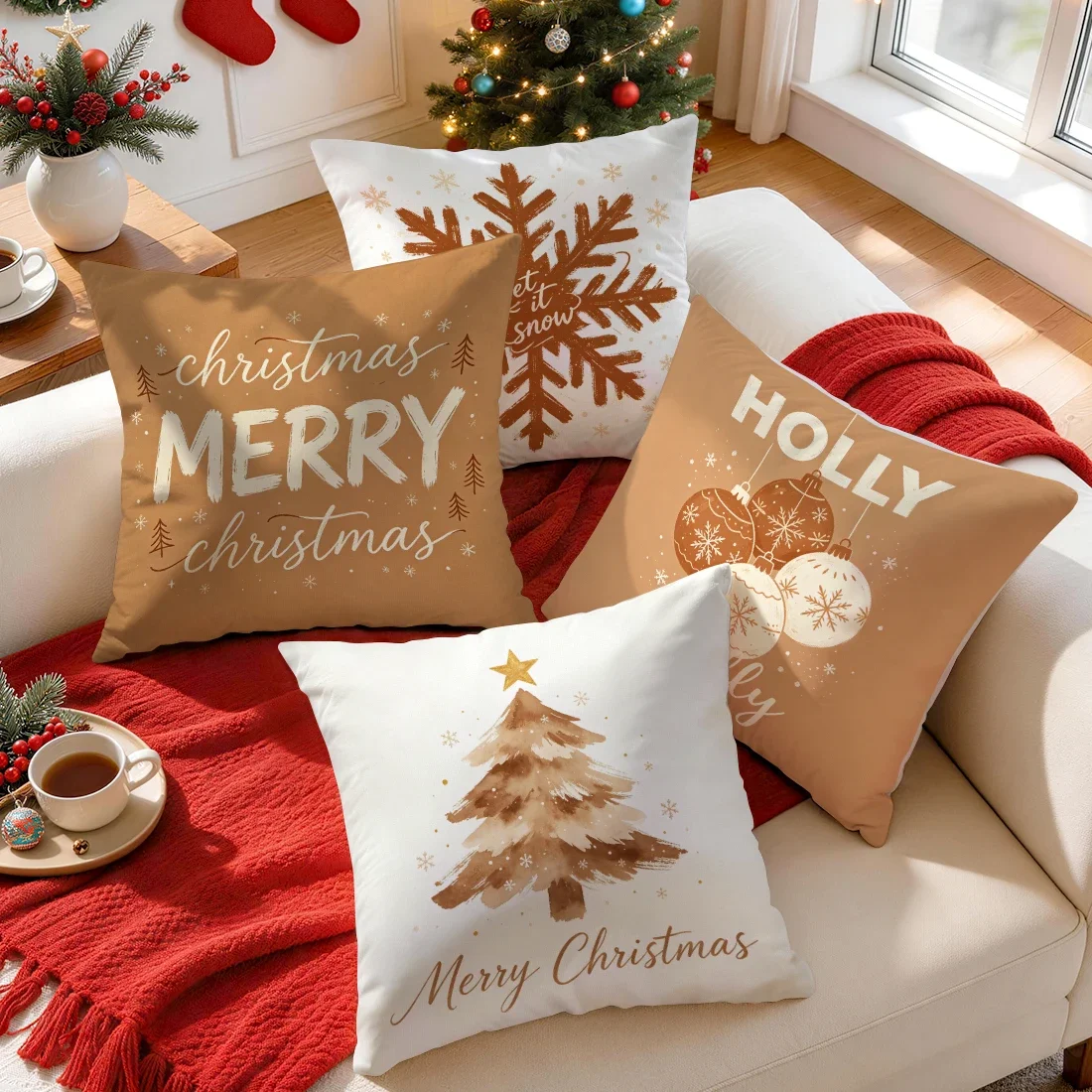 Vintage Christmas Tree Snowflake Cushions Pillowcase Polyester Cushion Cover Throw Pillow Pillowcover Home Car Sofa Decor