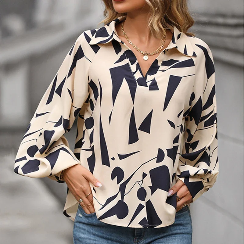 

Casual Women's Clothes Elegant Loose Office Lady Tops Autumn Print Blouse Fashion Turn-down Collar Long Sleeve Shirt Blusa 29456