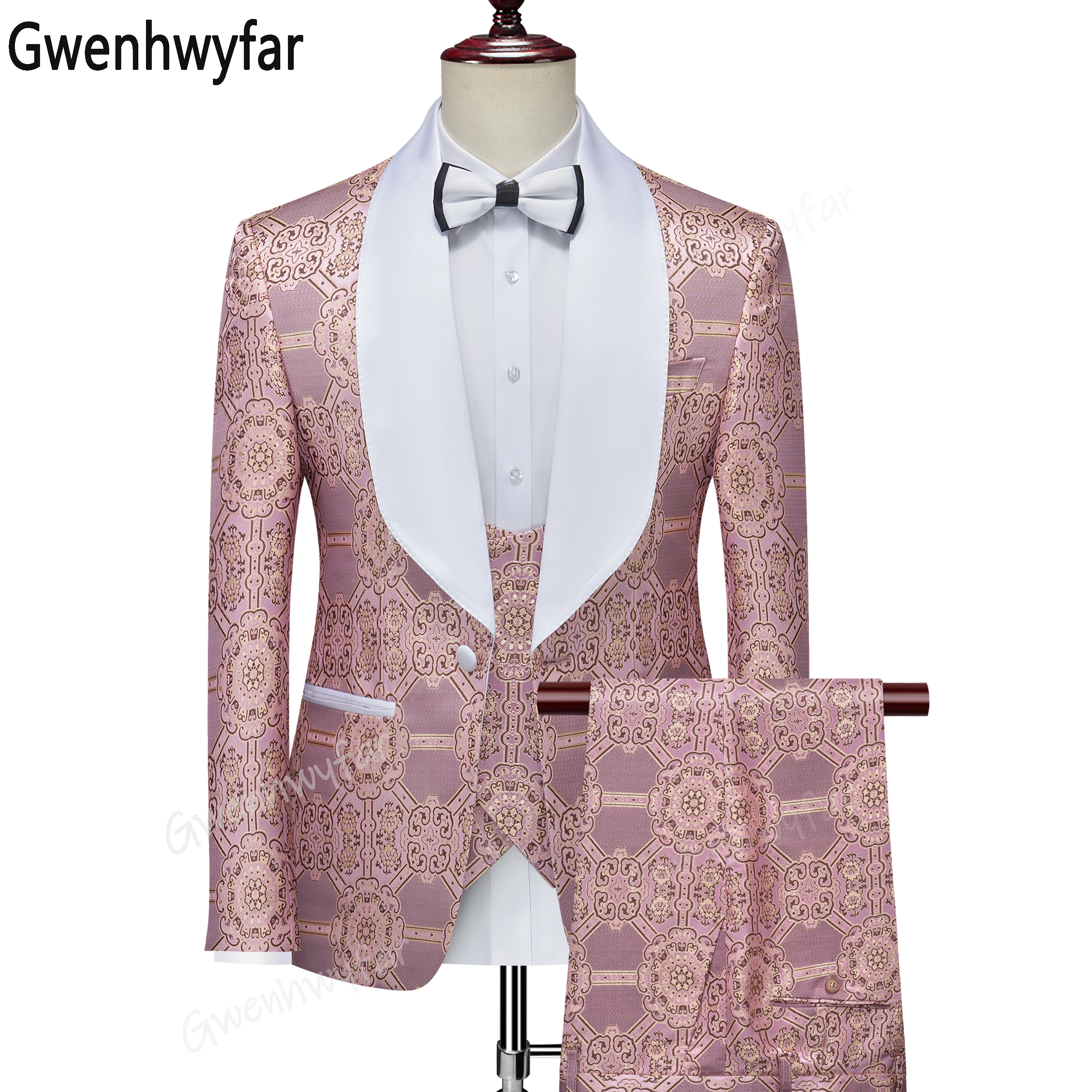 

Gwenhwyfar Men Blazers Light Pink Jacquard 3 Pieces Sets Wedding Formal Suits Elegant Business Luxury Full Vest Pants Coat Homme