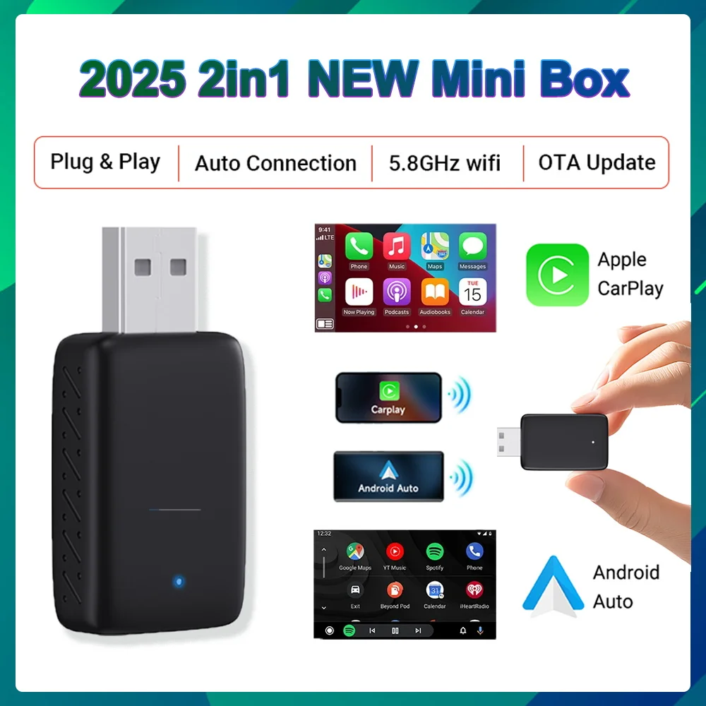 2025 NEW 2in1 CarPlay Android Auto Wireless Mini Box Wireless Smart Adapter Plug&Play Dongle BT WiFi Fast Connect Fit 99% Cars