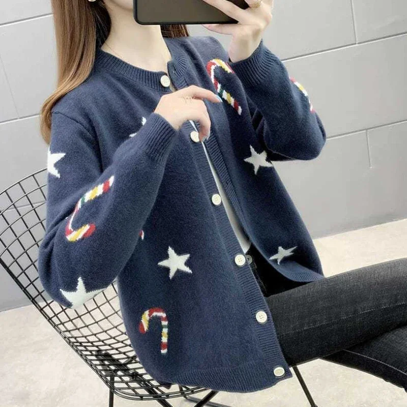 Cardigan Winter Button Women's Sweater Round O Neck Knit Tops for Woman Graphic Grey Jumper Autumn 2024 in Promotion 90s Vintage