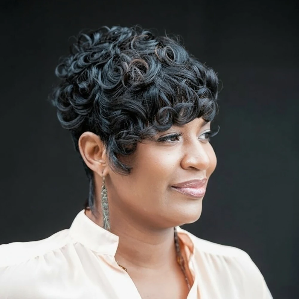 باروكات شعر بشري مجعد قصير شعر مستعار بقص عابث مع غرة للنساء 100% شعر بشري برازيلي مصنوع آليًا جاهزًا للارتداء