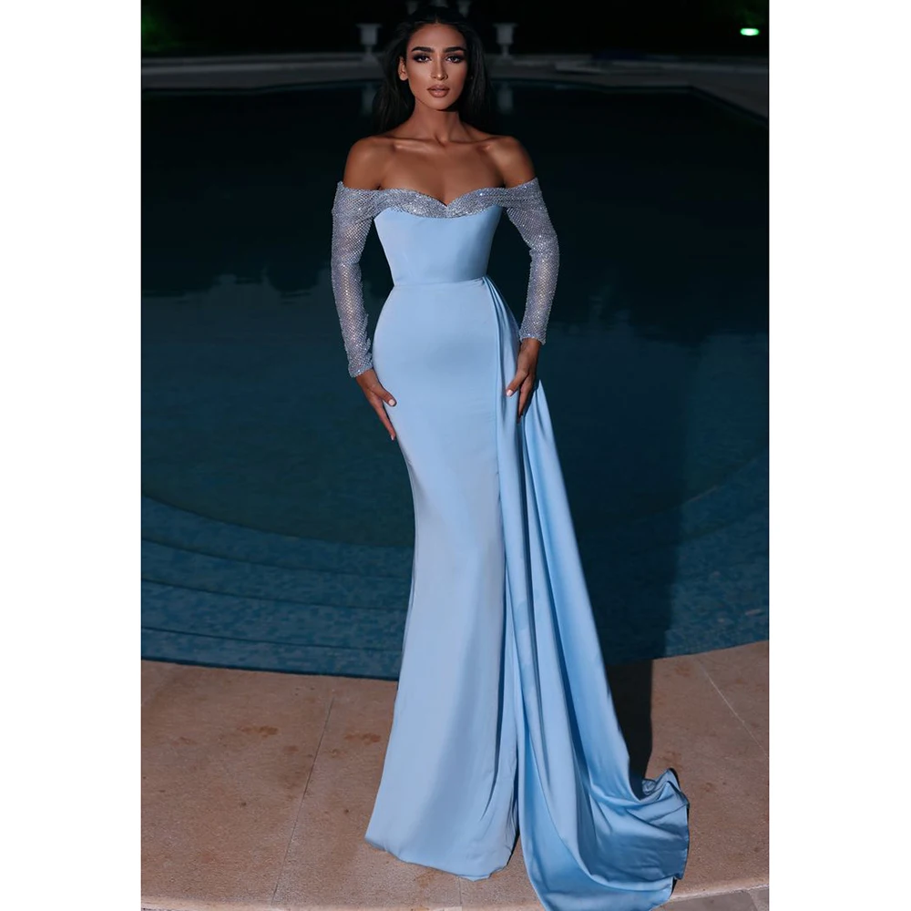 Exquisite Blue Evening Party Dresses Sweetheart Shiny Off the Shoulder Sleeves Floor Length Slim Fit Smart Women Prom Gowns