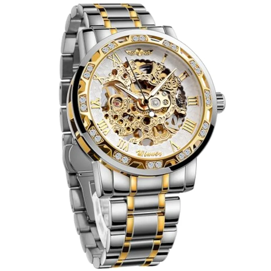 

Winner Retro Manual Mechanical Skeleton Watch with Diamond and Carving Flower Craft Men Skeleton Wrist Watch Mechanical Classic