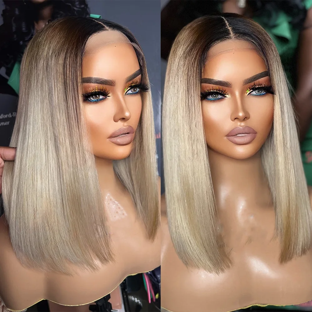 

Linhua #4 Dark Root With Ash Blonde 5x5/13X4 Transparent Lace Wigs 210% Bone Straight Remy #613 Blonde 13X6 Lace Frontal Wig