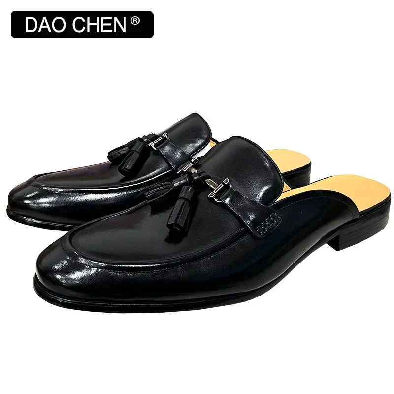 DAOCHEN BRAND MEN SHOES BLACK BROWN TASSEL SLIP ON HORSEBIT CASUAL MENS DRESS SUMMER GENUINE LEATHER HALF SHOES FOR MEN