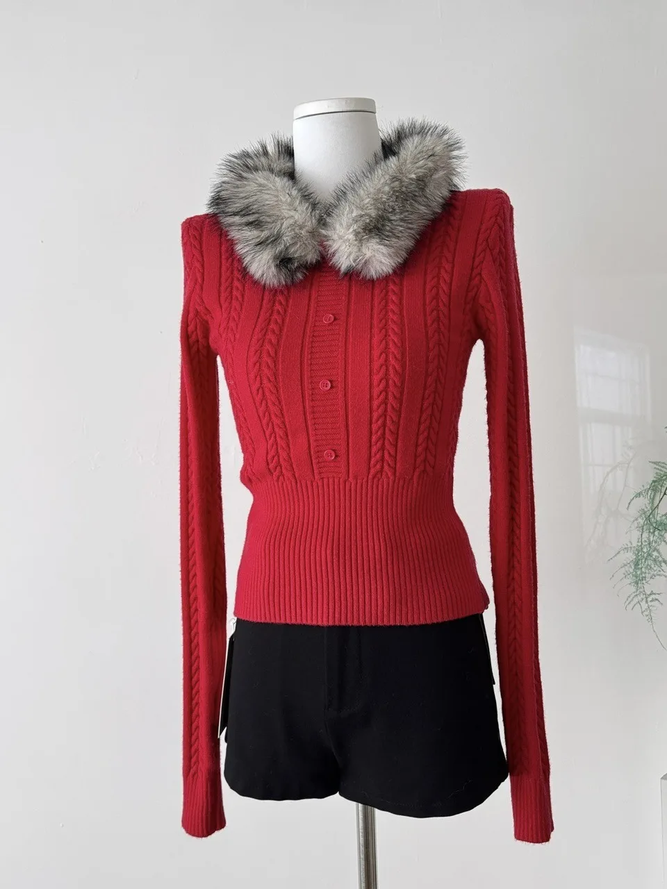 Suéter de punto Retro para mujer, corte entallado, cintura ceñida, cuello abierto, adorno de piel sintética, Top elegante Sle para otoño e invierno