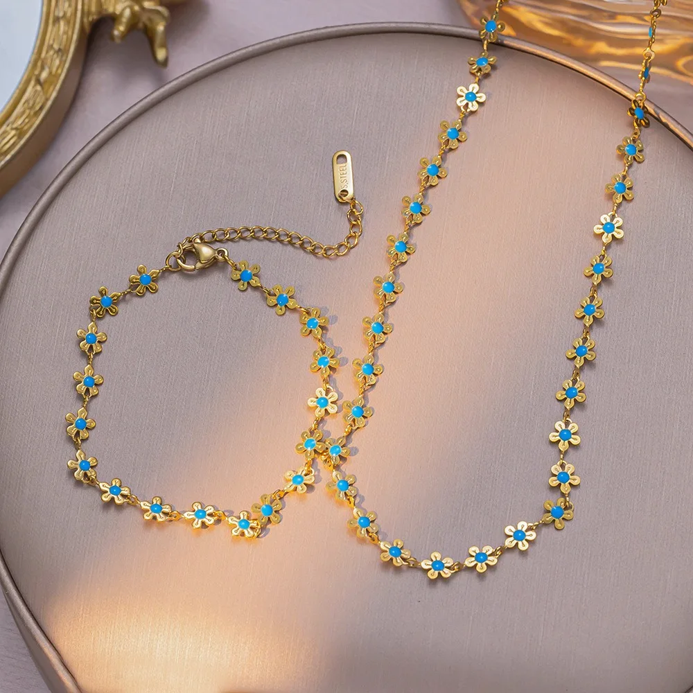 New Sweet Temperament Blue Dripping Oil Flower Stainless Steel Necklace Bracelet Set for Women Romantic Dates Gift Jewelry Gifts