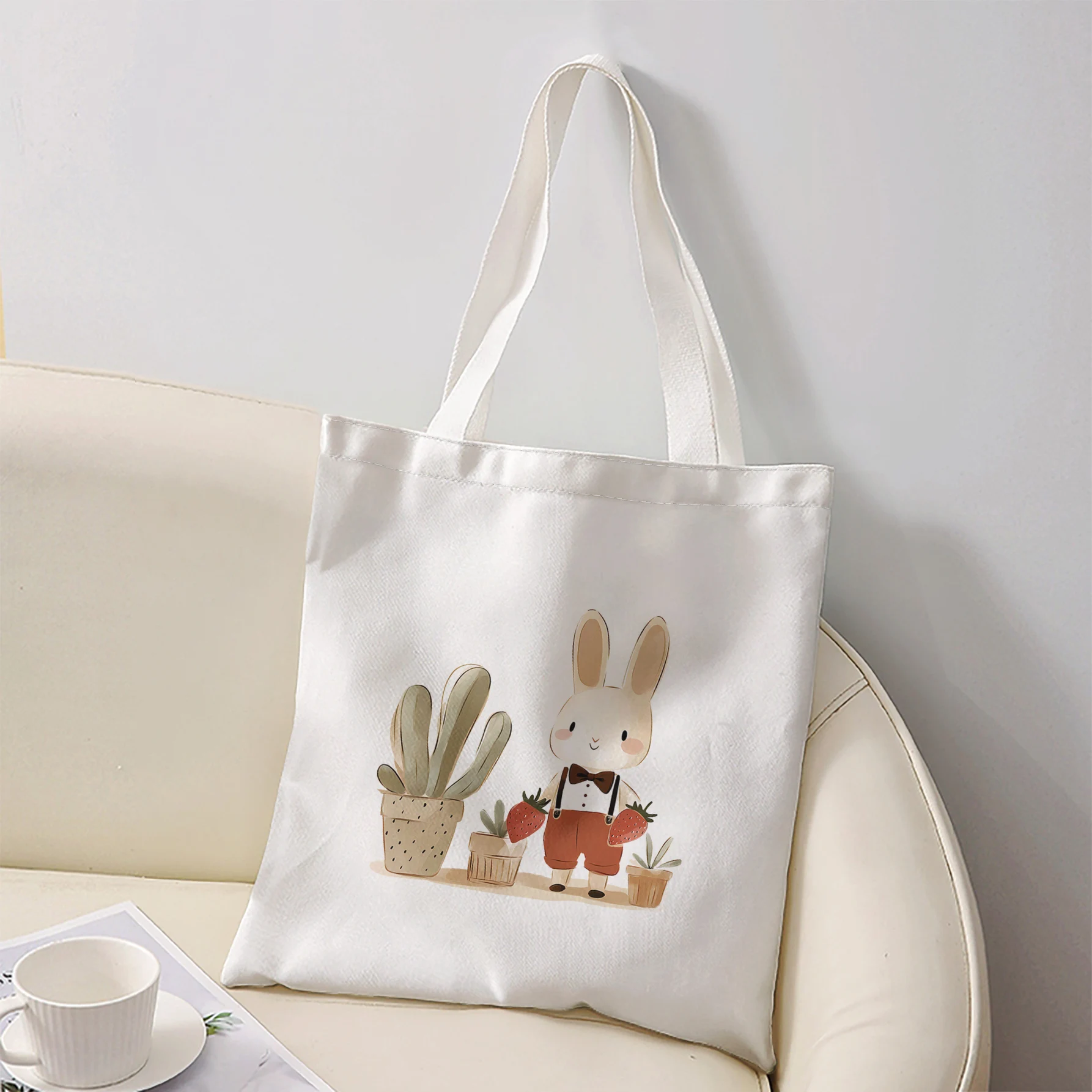 Cartoon Bunny With Strawberry And Potted Cactus Print Tote Bag Large Shoulder Handbag For Shopping Daily Commute