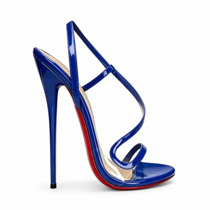 16cm Lackleder-Sandalen mit Spiralriemen, Stiletto-Absatz, offener Zehenpartie, gewelltem Wickeldesign, sexy Stil, lackierter Absatz, Sommerschuhe für Damen