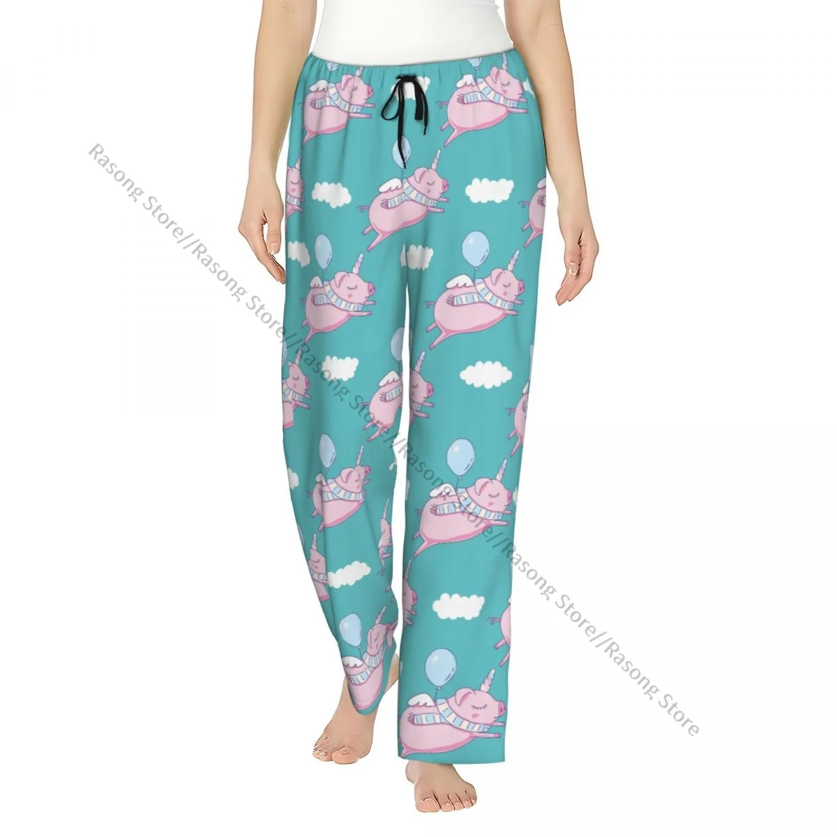 Cute Pink Pig As Pegasus And Unicorn With Clouds Pattern Women Sleep Pants Warm Flannel Lounge Pants for Winter Nights
