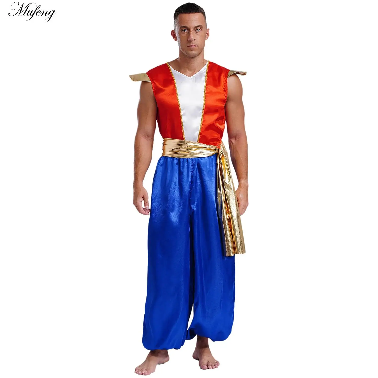 Arabian Costume Men Arabian Prince Fly Sleeve Satin Jumpsuit with Metallic Belt for Halloween Party Role Play Fancy Dress Up