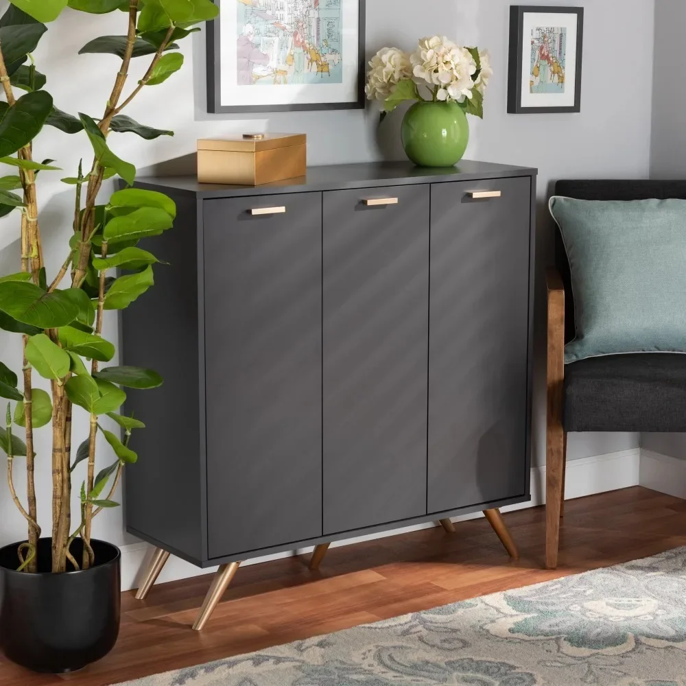 

Shoe Cabinets, Modern and Contemporary Dark Grey and Gold Finished Wood 3-Door,360 Rotating Shoe Rack , Shoe Cabinet