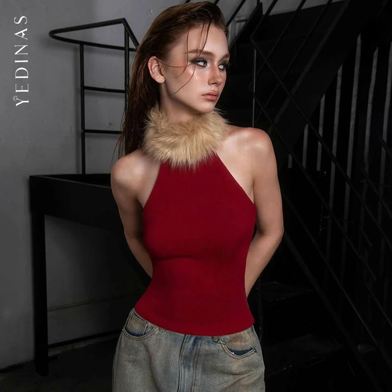 Yedinas Patchwork Elegant Red Tank Top Women Sleeveless Tshirt Slim Autumn Winter Underwear 2000s Clothes Y2k Tanks Chic Party